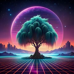 A mesmerizing 3D illustration of a weeping willow tree bathed in neon light. framed by a vibrant retro sunset and a glowing sphere.