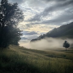 Poster - Misty morning in a green valley with a lone tree in the foreground.