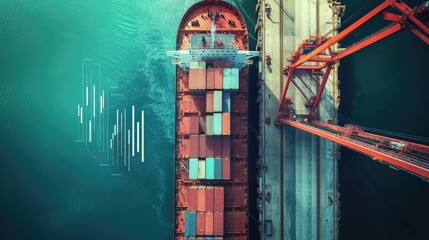 Wall Mural - Cargo ship being unloaded by a crane at the dock, with an overlaid bar chart showing upward growth. Concept for increasing efficiency in export and freight transport.