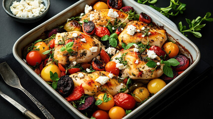 Baked chicken breasts with colorful cherry tomatoes, red onions, herbs, and feta cheese served in a large baking dish on a black surface.