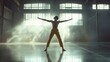 A contemporary dancer in an empty warehouse, using expressive movements to tell a personal story of struggle and triumph, captured with dramatic lighting.