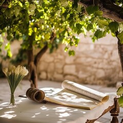 Wall Mural - Open book and scroll on a white table under a vine with green leaves.