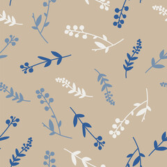  Seamless pattern in the form of a solid line of hand-drawn elements of flowers, leaves, branches.