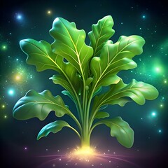 A vibrant green plant with large leaves blooms with a magical glow against a starry. cosmic backdrop.