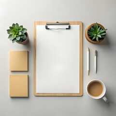 Clean and modern mockup with a blank clipboard. notepads. pencil. pen. potted plants. and a cup of coffee.