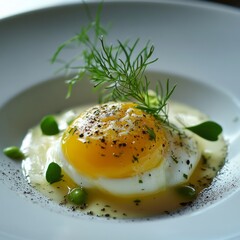 Sticker - Perfectly poached egg with herbs and pea shoots on a white plate.