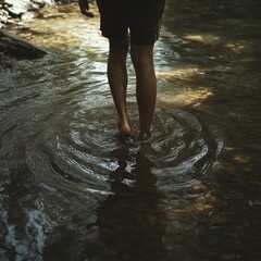 Wall Mural - Person walking barefoot in shallow water, creating ripples.