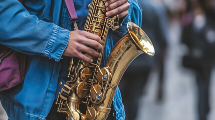 Saxophonist performing jazz solo on street