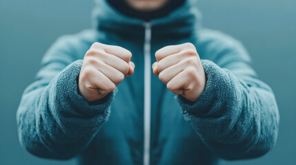 A close-up of two clenched fists, symbolizing strength, determination, and readiness for action in a focused environment.