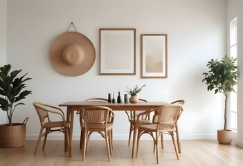 A minimalist dining room with a wooden table, two wicker chairs, and three empty frames on the wall.