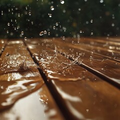 Canvas Print - Rain droplets splashing on wooden surface, creating a refreshing and calming atmosphere.