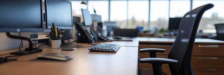 A neat office desk setup with a keyboard, monitor, and various office essentials, illustrating an organized space.