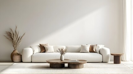 Poster - Minimalist living room featuring a sleek white sofa a simple coffee table and a neutral toned rug creating a peaceful and tranquil atmosphere with ample space for overlay text