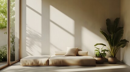 Poster - Minimalist and Airy Living Room Interior with Large Window Low Profile Couch and Decorative Plants Creating a Peaceful and Inviting Atmosphere