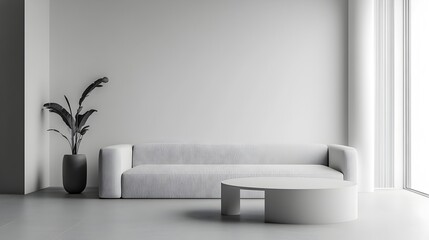 Poster - Minimalist living room showcasing a clean contemporary design with a monochrome color palette simple furnishings and an uncluttered serene atmosphere