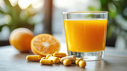 Vibrant orange juice in a glass with supplements, embodying health and wellness. A fresh fruit and vitamins composition.