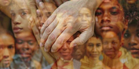 Poster - A close-up of intertwined hands symbolizing unity and support, against a blurred background of diverse faces