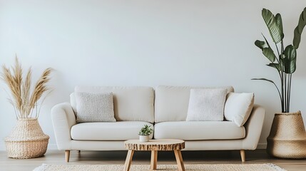Poster - Minimalist and Modern Living Room Interior with Clean Uncluttered Surfaces a Simple Couch and Accent Decor Elements for a Serene Tranquil Atmosphere