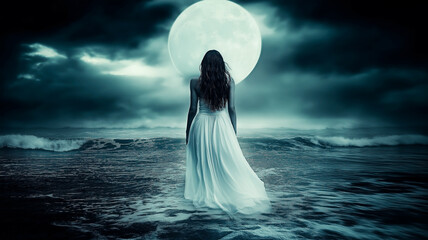 Woman in white gown standing in ocean against moonlit waters. Enigmatic lady by sea.