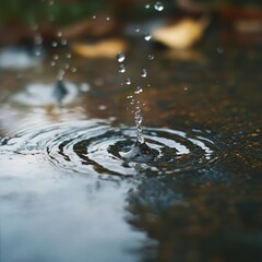 Canvas Print - Raindrops splashing in a puddle, creating concentric circles.