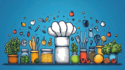 whimsical line art of a chefs hat transforming into various kitchen utensils created in a continuous singleline drawing style