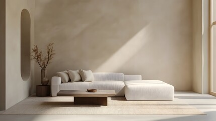 Poster - A peaceful and serene minimalist living room featuring a simple white couch a geometric coffee table and a neutral backdrop creating a clean and sophisticated atmosphere