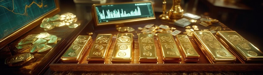 Wall Mural - Luxurious gold bars displayed on a table, surrounded by coins and financial charts, symbolizing wealth and investment opportunities.