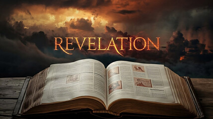 book of revelation open with text saying revelation above it, cloudy fiery sky, christianity, new testament