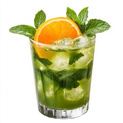 Canvas Print - Refreshing green drink with ice, orange slice, and mint garnish in a glass.