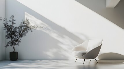 Poster - Tranquil and Serene Minimalist Living Room Featuring a Stylish Armchair Understated Lighting and Clean Open Spaces for a Calming Contemporary Atmosphere