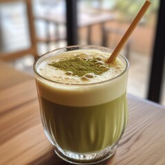 Sticker - Refreshing iced matcha latte with a layer of matcha powder on top and a reusable straw, served in a clear glass on a wooden table.