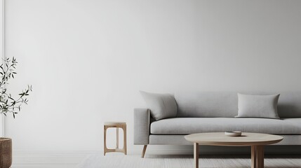 Poster - Photograph of a modern minimalist living room featuring a light grey sofa a low profile coffee table and minimal decor providing a clean and relaxing space with room for overlay text