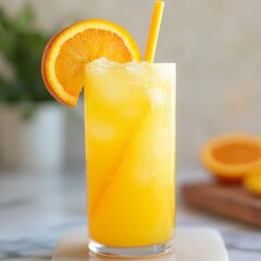 Sticker - Refreshing orange drink in a tall glass with ice and an orange slice garnish.