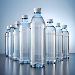 Poster - A row of clear plastic water bottles with blue caps. perfect for your health and wellness. or product branding projects.