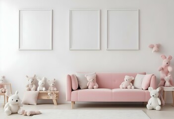 A cozy and minimalist children's room with a pink sofa, plush toys, and three empty white frames on the wall.