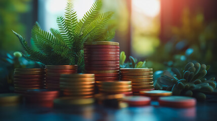 Wall Mural - A pile of coins is on top of a plant. The coins are of different sizes and colors, and they are arranged in a way that they look like they are growing out of the plant