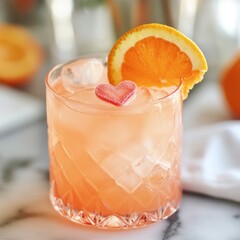 Canvas Print - Refreshing pink cocktail garnished with an orange slice and a heart shaped ice cube.