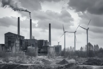 Poster - Wind turbines stand tall next to former coal mines and old factories, highlighting the move towards sustainable energy practices. Generative AI