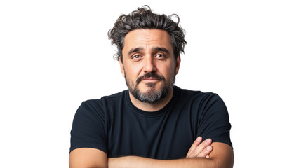 Wall Mural - Portrait of a middle-aged man with curly hair and a beard, wearing a dark t-shirt, looking at the camera with arms crossed against a white background.