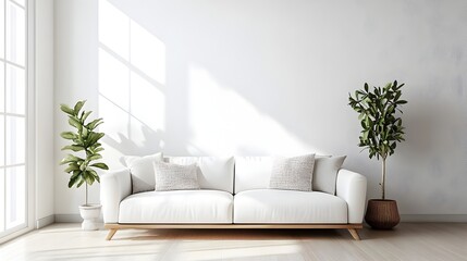 Poster - A photograph of a sleek and minimalist living room featuring a white sofa modern decor and a light filled airy space providing a clean inviting backdrop for overlay text or design elements