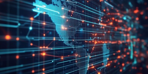 Global economy graph, interconnected nodes, 3D visualization on a digital screen