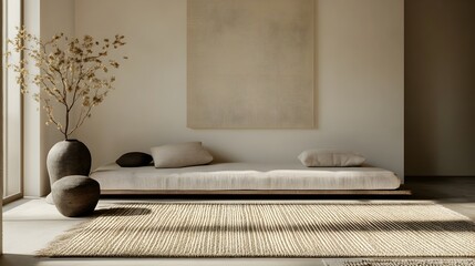 Poster - Tranquil and Inviting Minimalist Living Room Design with Low Profile Couch Plush Area Rug and Thoughtful Artwork Displays
