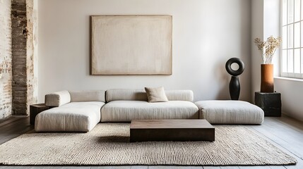 Poster - Minimalist and Serene Living Room Interior with Low Profile Couch Large Area Rug and Negative Space for Overlay Text or Graphic Design