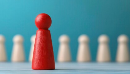 A vibrant red game piece stands out against a row of white pawns, symbolizing uniqueness and leadership in a playful setting.