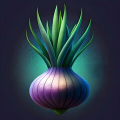 A vibrant 3D illustration of a Christ's thorn plant. showcasing its distinctive green leaves and purple bulb.