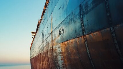 Wall Mural - Close-up of a cargo ship's side with detailed focus on the hull, waterline, and the ship name, set against the backdrop of a clear, blue sky.