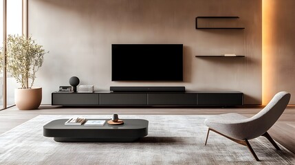 Poster - Minimalist living room design showcasing a sleek TV stand minimalist floating shelves and a soft area rug creating a clean and sophisticated space for relaxation and content
