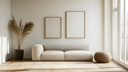Poster - Tranquil and Serene Minimalist Living Room Interior with Neutral Couch Minimalist Art and Light Wood Floors Providing Ample Space for Overlay Text or Design Elements