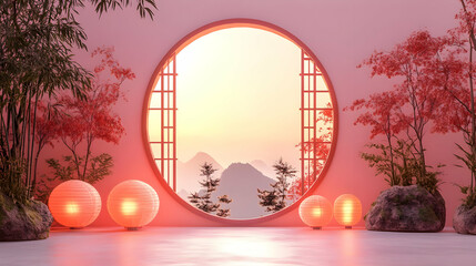 Wall Mural - 3D Glossy Moon Gate with Lanterns for Mid Autumn Festival concept as A glossy moon gate background framed by lanterns creating a symbolic and reflective setting for the Mid Autumn Festival. The scene 