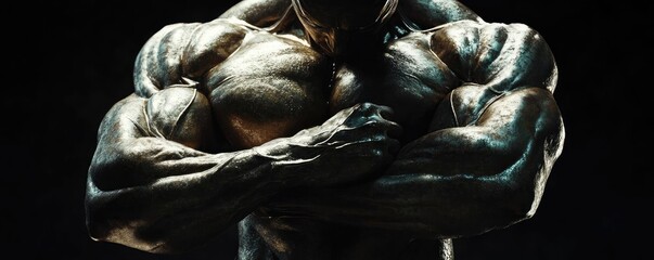 Wall Mural - Powerful muscular bodybuilder showcasing strength and definition in dramatic lighting.